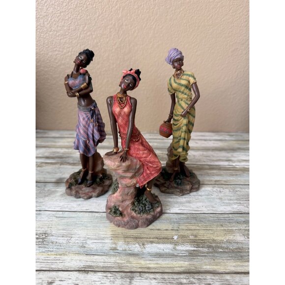 Other - Lot Of 3 Elegant African Woman Figurines Hand Painted Resin Tribal Decor